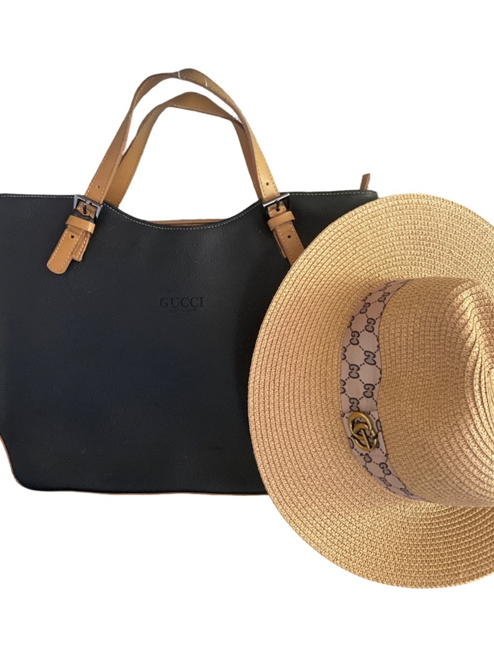 Gucci Black Leather Tote with Tan Straps and Straw Hat Accent